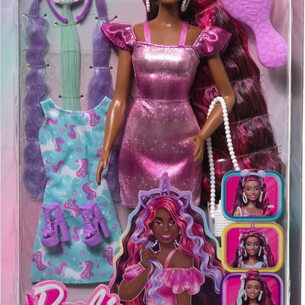 Barbie Doll, Fun & Fancy Hair with Extra-Long Colorful Black Hair and Shimmery Pink Dress, 10 Hair and Fashion Play Accessories, JDC86