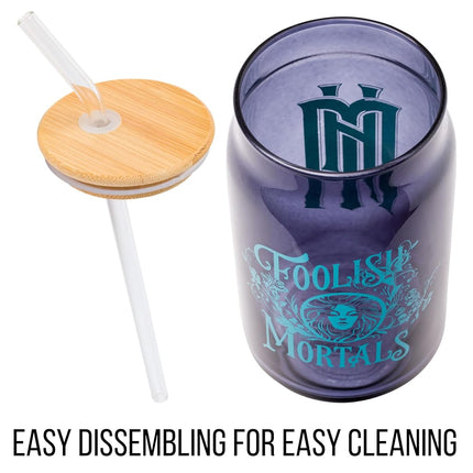 Silver Buffalo Disney Haunted Mansion “Foolish Mortals” Featuring Madame Leota Glass Jar Tumbler with Bamboo Lid and Glass Straw, 16 Ounces