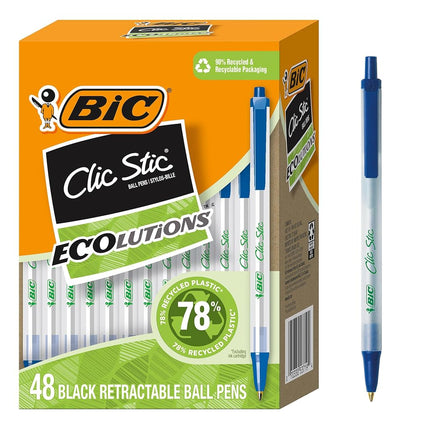 BIC ReVolution Clic Stic Retractable Ball Pen, 62% Recycled Plastic Pen, Blue, Medium Point (1.0 mm), 100% Recycled Packaging, 48 Count Pack