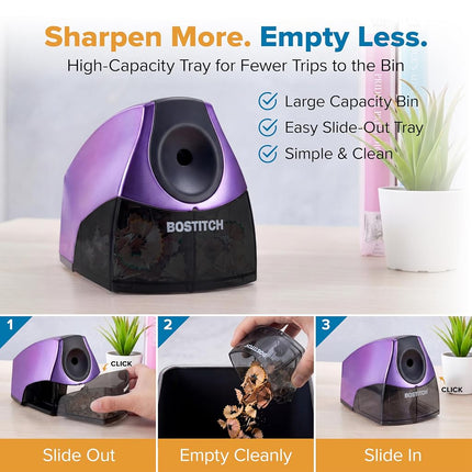 Bostitch Personal Electric Pencil Sharpener, Powerful Stall-Free Motor, High Capacity Shavings Tray, Metallic Purple