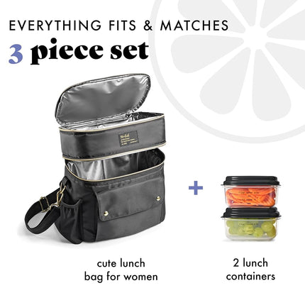 Fit & Fresh Westminster Dual-Compartment Insulated Lunch Bag for Women, Complete Lunch Set with 2 Containers, Double Deck Insulated Cooler Bag with Adjustable Strap, Black