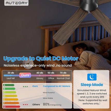Autoday 42 Inch Low Profile Ceiling Fan with Light, Black Flush Mount Ceiling Fans with Lights and Remote, 6 Speeds, Reversible Quiet DC, 3CCT Dimmable, Indoor/Outdoor Ceiling Fans for Patios Bedroom