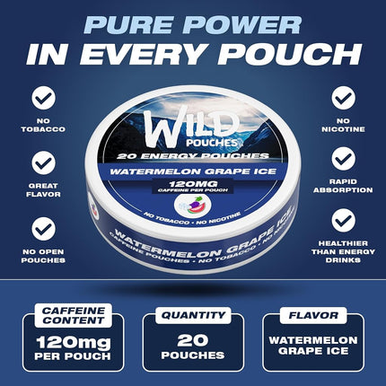 Wild 20 x 120mg Caffeine Pouches Nicotine Free Iced Watermelon/Grape - 1 x Can of Energy Pouches - Caffeine Pouch