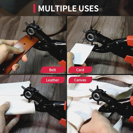 XOOL Leather Hole Punch Plier, Heavy Duty Rotatable Belt Hole Puncher with 6 Different Sizes Used for Belt, Watch Belt, Belt, Shoes, Purses, Clothes, Cardboard, Paper, Hard PVC, etc