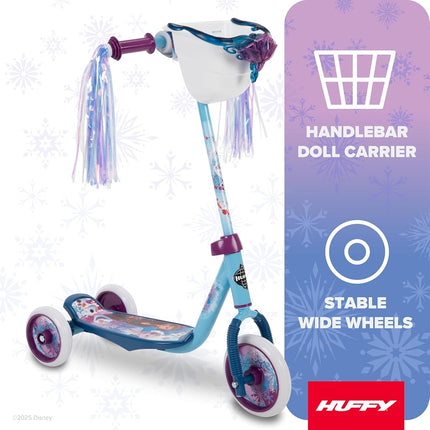 Huffy Frozen 2 Preschool Scooter, Elsa & Anna Graphics, Handlebar Bin, Three Wheels & Streamers