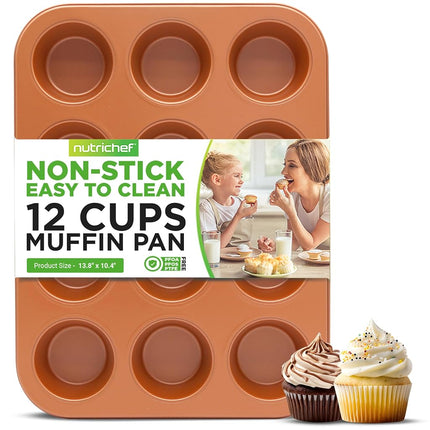 NutriChef 12-Cup Copper Oven Muffin Pan, Non-Stick