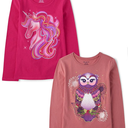 Camisetas gráficas de manga larga de unicornio de The Children's Place para niñas, paquetes múltiples, unicornio/búho, XX-Grande