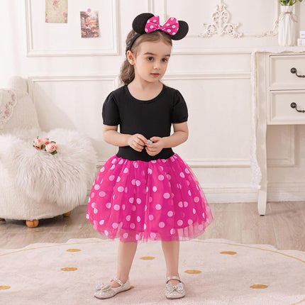 Dressy Daisy Baby Girl Polka Dots Fancy Dress Up Birthday Party Costume with Mouse Ears Headband Size 00-0, Hot Pink