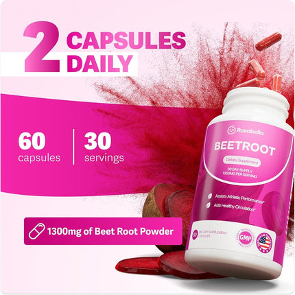 Rosabella Organic Beet Root Capsules - 1300mg Beet Root Powder Aids Healthy Circulation & Vitality, Non-GMO, Beet Root Supplement - 180 Capsules, 90-Day Supply