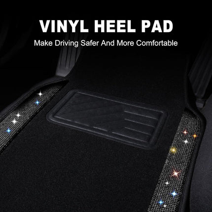 VarCozy Shining Rhinestones Floor Mats for Cars, Sparkly Glitter Crystal Car Floor Mats with Anti-Slip Heel Pad for Women, 4pcs Bling Diamond Universal Automotive Floor Mats for SUV,Sedan,Car, Black