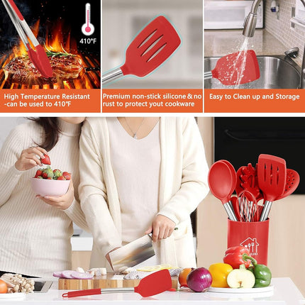 AILUKI Silicone Cooking Utensil Set, Kitchen Utensils 14 Pcs Cooking Utensils Set,Non-Stick Heat Resistant Silicone,Cookware with Stainless Steel Handle - Red