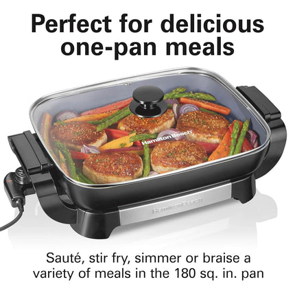 Hamilton Beach Electric Skillet with PFAS-Free Durathon Ceramic Coating, Removable 12x15� Pan, Adjustable Temperature, Reversible Design, Tempered Glass Lid, Black Nonstick Surface (38531)
