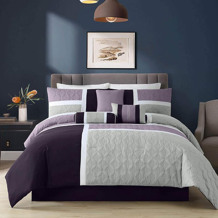 Chezmoi Collection Upland 7-Piece Quilted Patchwork Comforter Set, Lavender/Gray/Purple, King