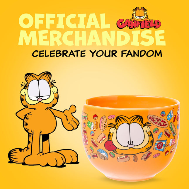 Silver Buffalo Garfield Cuenco de cerámica para ramen y arroz con palillos y cuchara, apto para microondas, 20 onzas