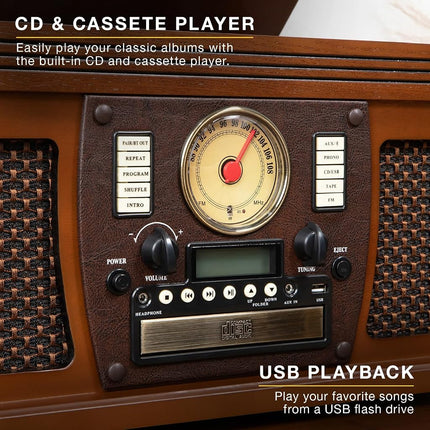 Victrola Navigator 8-in-1 Bluetooth Record Player with Built-in Speakers – 3 Speed, CD Player, Cassette, FM Radio, USB, RCA Out, Headphone Jack, Wireless Music Streaming, Real Wood (Walnut)
