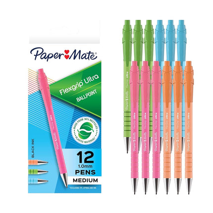 Paper Mate FlexGrip Ultra Ballpoint Pens, Made from Recycled Plastic Materials, Assorted Barrel Colors, Medium Point (1.0mm), Black, 12 Count