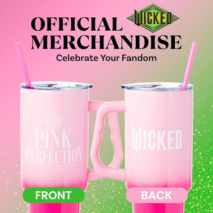 Silver Buffalo Wicked Glinda Pink Perfection Stainless Steel Tumbler with Handle and Straw, Fits in Standard Cup Holder, 40 Ounces