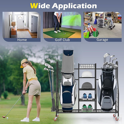 Organizador de bolsas de golf GYMAX, estante de almacenamiento con ruedas bloqueables y soporte lateral para palos, soporte para equipos extragrande para accesorios de golf (2 compartimentos)