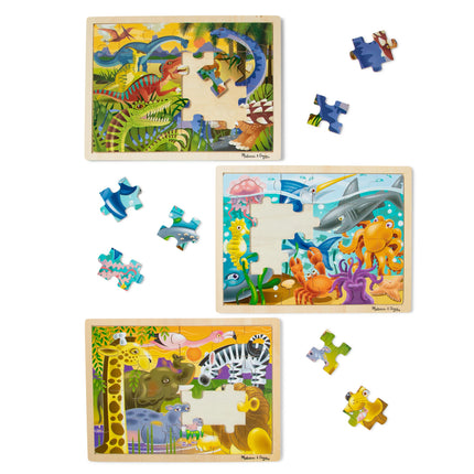 Paquete de rompecabezas Melissa & Doug (dinosaurios, safari y océano) - Rompecabezas de animales, rompecabezas de madera para niños de 3 años en adelante