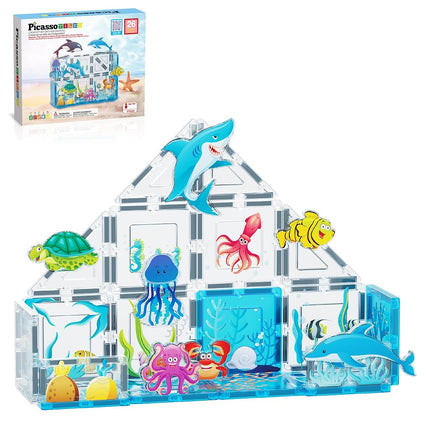 PicassoTiles Bloques de Construcción Magnéticos Set de Juego Temático Mundo Marino con 8 Figuras de Acción de Personajes Oceánicos Bloques Magnéticos Juguete Educativo STEM Juego de Construcción para Niños Pequeños Niños y Niñas de 3+ Años PTQ25