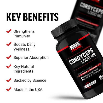 Force Factor Cordyceps Capsules with 1000mg of Cordyceps Sinensis Mushroom Extract, Traditionally Used to Improve Vitality, with BioPerine for Quick Absorption, Key Natural Ingredients, 60 Capsules