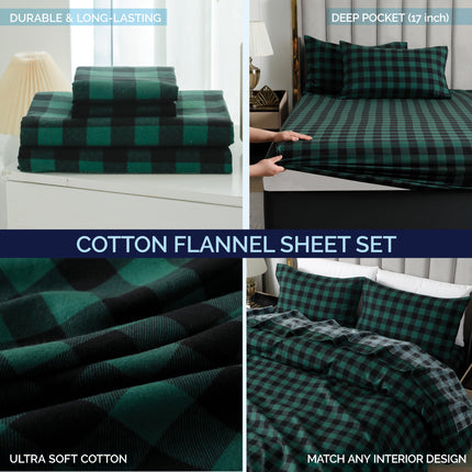 Elegant Comfort Ultra Soft 4-Piece 100% Turkish Cotton Flannel Sheet Set - Buffalo Check Plaid Flannel Sheets, Warm and Cozy Anti-Pill Premium Quality, Deep Pocket Fitted Sheet- Twin, Green