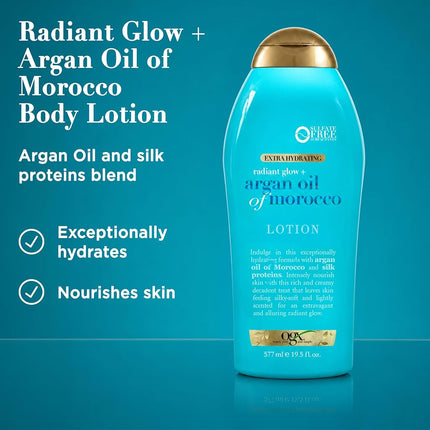 OGX Radiant Glow + Argan Oil of Morocco Extra Hydrating Body Lotion for Dry Skin, Nourishing Creamy Body & Hand Cream for Silky Soft Skin, Paraben-Free, Sulfated-Surfactants Free, 19.5 fl oz