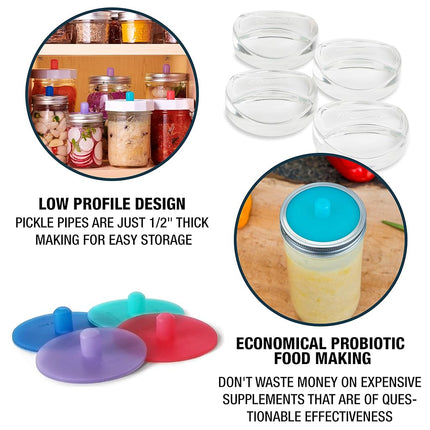 Masontops Pickle Pipe - One-Piece Silicone Waterless Fermentation Airlock Lids for Mason Jar Fermentation - Wide Mouth - 4 Pack