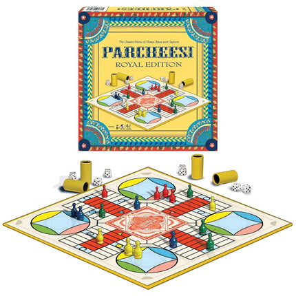 Parcheesi Royal Edition par Winning Moves Games USA, jeu de société classique apprécié des familles, avec de jolies illustrations, des pions et des gobelets pour 2 à 4 joueurs, à partir de 8 ans (6106)