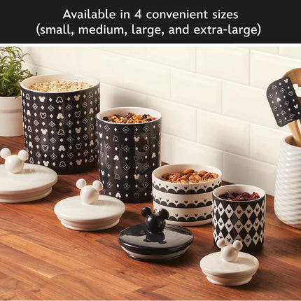 Disney Home Monochrome Extra Large Ceramic Canister/Food Storage Container/Cookie Jar, Airtight Lid, 12.8 Cup with a Mickey-shaped knob Lid - Black