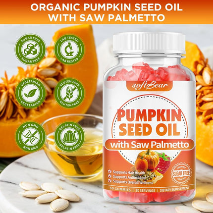 softbear Pumpkin Seed Oil Gummies, Organic Pumpkin Seed Oil Supplement with Saw Palmetto for Hair Growth & Skin Health, Cold Pressed/Suagr-Free, Raspberry Flavor 120 Count