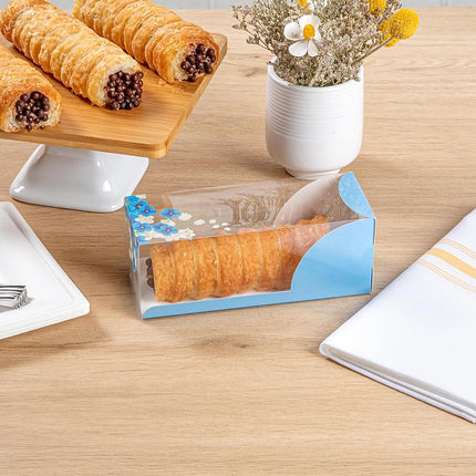 Restaurantware-7 Inch x 2.5 Inch Clear Dessert Boxes, 100 Blue Paper Sleeve Transparent Candy Boxes - Flower Accent, No Grease Lining, Clear Plastic Clear Favor Boxes, Crack Resistant, Disposable