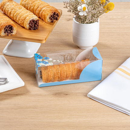 Restaurantware-7 Inch x 2.5 Inch Clear Dessert Boxes, 100 Blue Paper Sleeve Transparent Candy Boxes - Flower Accent, No Grease Lining, Clear Plastic Clear Favor Boxes, Crack Resistant, Disposable