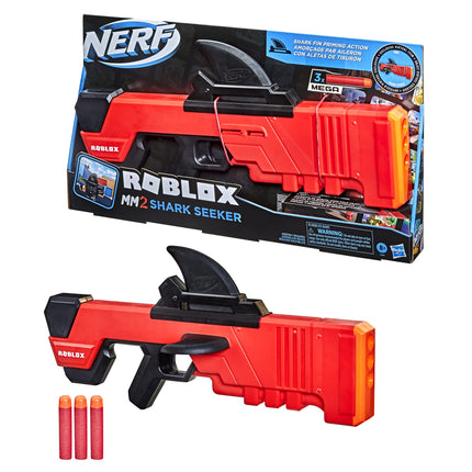 NERF Roblox MM2: Lanzador de dardos Shark Seeker, cebado con aleta de tiburón, 3 dardos Mega, código para desbloquear un artículo virtual en el juego