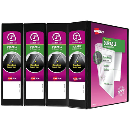 Avery Durable View Binder, 2" Slant Rings, 500-Sheet Capacity, DuraHinge, Pack of 4 Black 3-Ring Binders (05739)