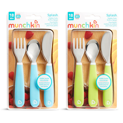 Munchkin® Splash™ Juego de cubiertos para niños pequeños (tenedor, cuchillo y cuchara), paquete de 6, azul/verde