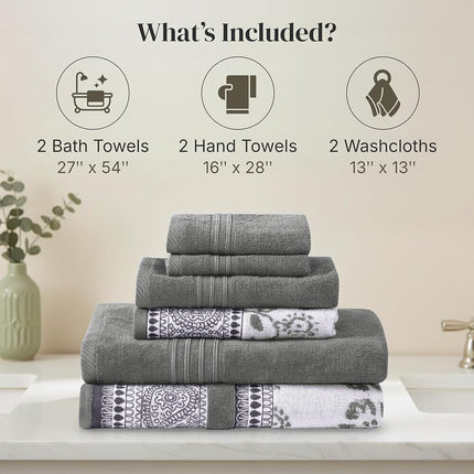 Modern Threads 6 Piece Set, 2 Bath Towels, 2 Hand Towels, 2 Washcloths Yarn Dyed Jacquard/Solid Towel Set Ophelia Stone