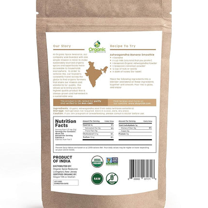 Organic Ashwagandha Root Powder - 1.10 lbs (17.64 oz) or 8oz | Lab Tested for Purity | Resealable Kraft Bag, Non-GMO, Indian Ginseng, Withania Somnifera -100% Raw from India, by SHOPOSR