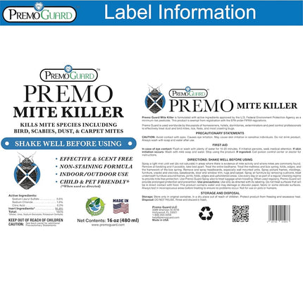 Mite Killer Spray by Premo Guard – Treatment for Dust Spider Bird Rat Mouse Carpet and Scabies Mites – Fast Acting 100% Effective – Child & Pet Safe – Best Natural Extended Protection (16 oz)