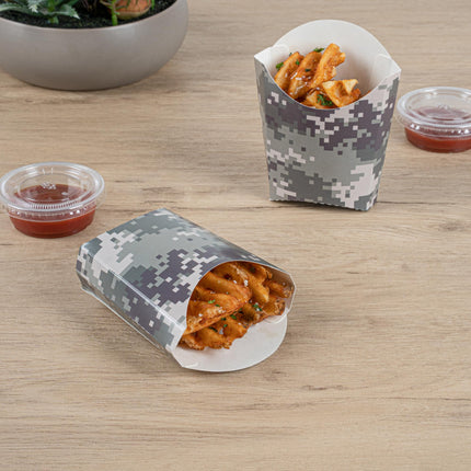 Bio Tek 3.9 x 2.6 x 3.5 Inch French Fry Cup, 100 Disposable Snack Cups - Stackable, Sustainable, Camouflage Paper 2 Ounce Fry Holder, For Fries, Onion Rings, Popcorn, or Cookies - Restaurantware