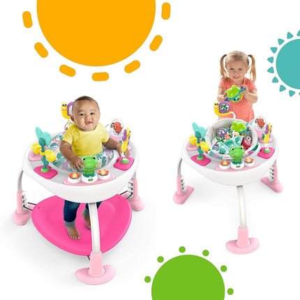 Bright Starts, Bounce Bounce Baby 2-in-1 Activity Center Jumper and Table - Playful Palms with 7 Interactive Toys, Adjustable Height, Storage Bag, 360° Rotation, Ages 6 Months +, Pink