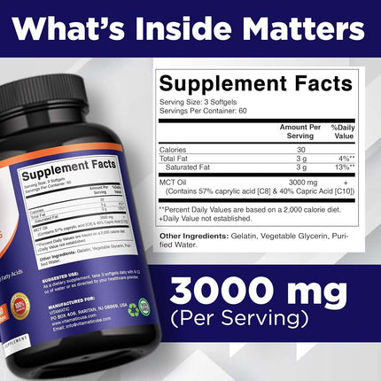Vitamatic MCT Oil 3000 mg per Serving - 180 Softgels - From Coconut Oil - contains 55% caprylic acid C8 and 40% capric acid C10