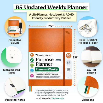 Purpose Planner Undated Monthly Weekly Daily Productivity Journal 2023 Optimised Life, Goal Setting & Business Tool for Academic Student, Professionals, Mums - Leather Day Organiser Notebook