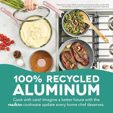 DASH Dream Green Ceramic Recycled Aluminum 15 Piece Cookware Set- Pink