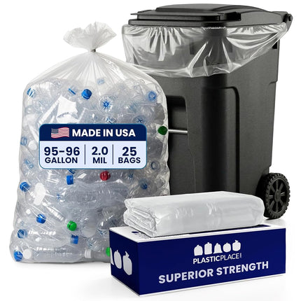 Plasticplace 95 Gallon Trash Bags, 2.0 Mil, 61"W x 68"H, Clear, 25/Case