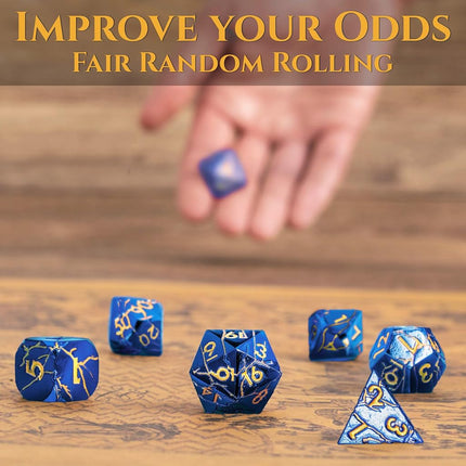 Metal Dice for DND - Ancient Cracked Lightning – Blue Gold Cracks
