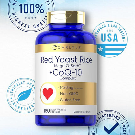 CoQ10 with Red Yeast Rice | 180 Capsules | Mega Q-Sorb 120mg & Red Yeast Rice 1200 mg | Non-GMO, Gluten Free Supplement | by Carlyle