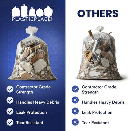 Plasticplace Contractor Trash Bags 42 Gallon │ 3.0 Mil │ Clear Heavy Duty Garbage Bag │ 32.6” x 46.4” (50 Count)