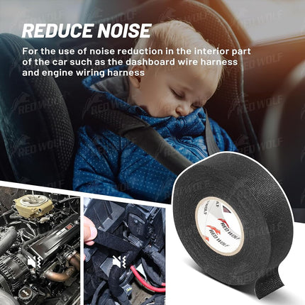 RED Wolf Wire Harness Tape 1'' 50 FT High Temp Wiring Loom Harness Self-Adhesive Felt Cloth Electrical Tape for Automotive Engine Electrical No Residue Fabric Insulated Black 5 Rolls RWF-JB02-1243-5P