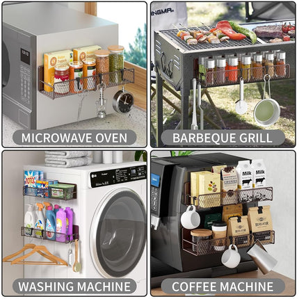 Magnetic Spice Rack for Refrigerator, 2 Pack 100% Metal Strong Magnet Shelf, Space Saving Spice Organizer W/ Hooks, Movable Magnetic Fridge Shelf, Kitchen Home Laundry Room Storage Organization, Brown